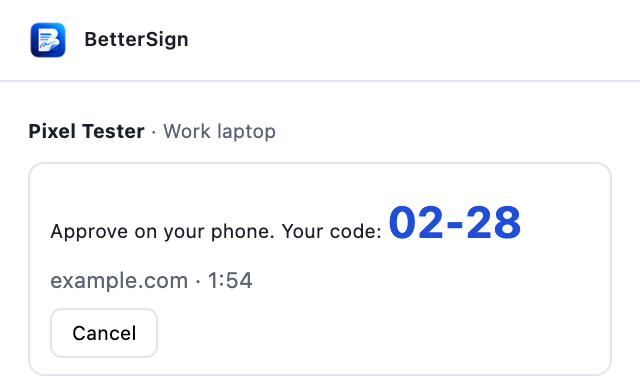 The extension popup reading Approve on your phone. Your code: 02-28, for example.com, with a Cancel button.