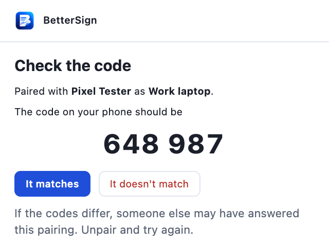 The extension popup titled Check the code, showing the number 648 987 with It matches and It doesn't match buttons.
