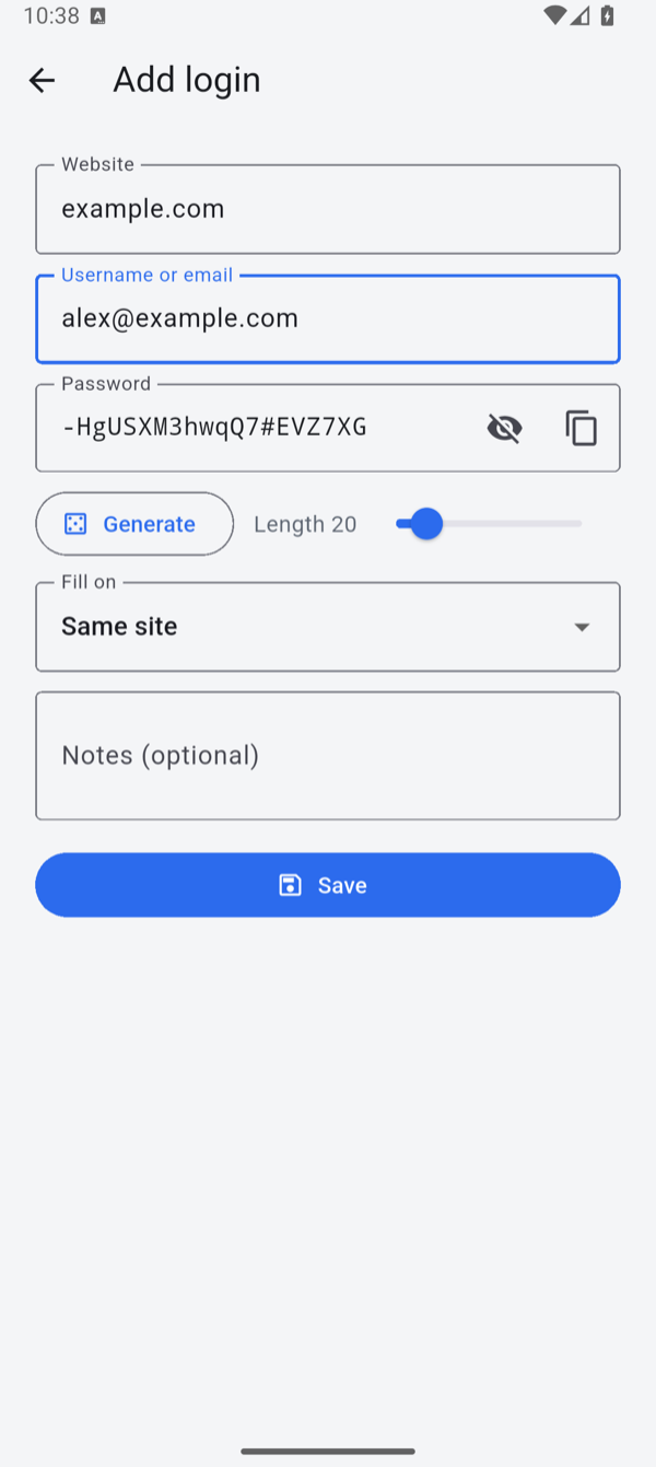 The Add login screen with Website example.com, a username, a generated password, Fill on set to Same site, and a Save button.