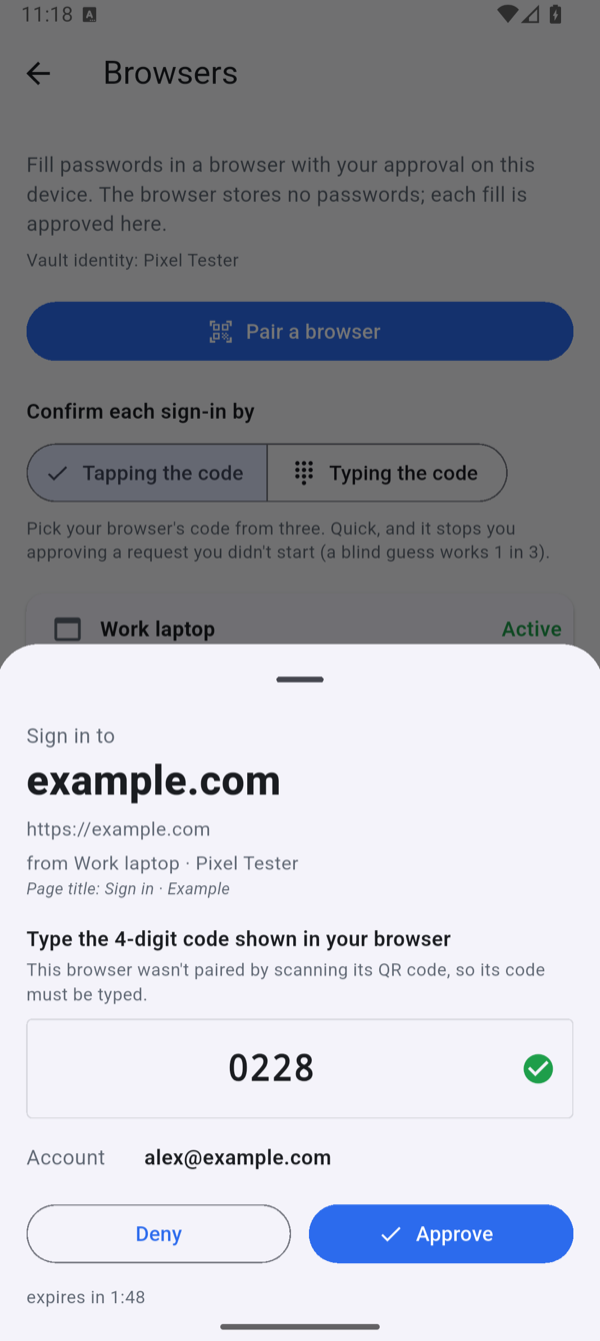 The phone's approval sheet: Sign in to example.com, from Work laptop, the typed code 0228 marked correct, the account, and Deny and Approve buttons.