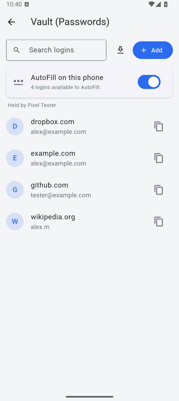 The Vault (Passwords) screen on Android: a search box, Import and Add buttons, the AutoFill on this phone card, and four saved logins.
